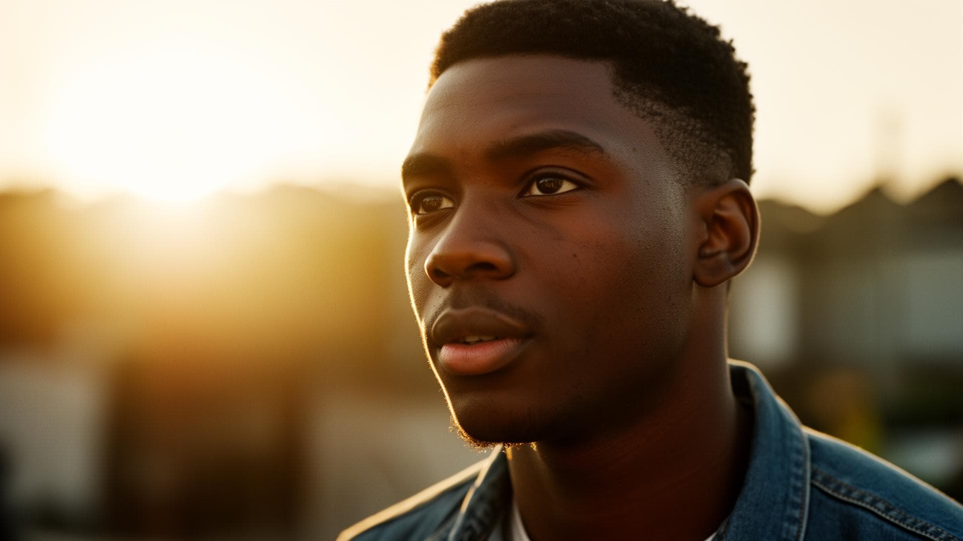 Young man at golden hour, looking forward